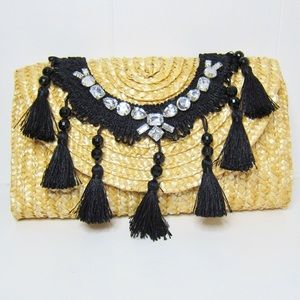 Straw Clutch with Tassels and Rhinestones